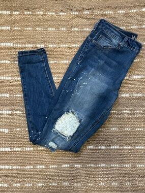 Vanilla Star Lace Patch Blue Distressed Skinny Jeans size 11 Cottagecore
